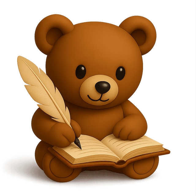 Plush bear peeking over book
